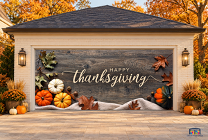 Thanksgiving med græskar og blade på trædør – garageportovertræk