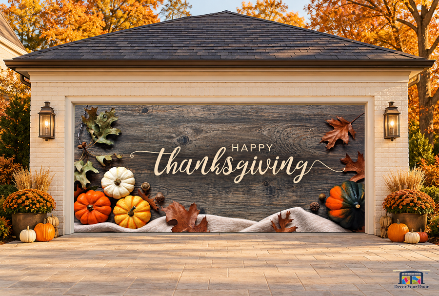 Happy Thanksgiving Pumpkins & Leaves Garage Door Cover — two-car front view on a fall house