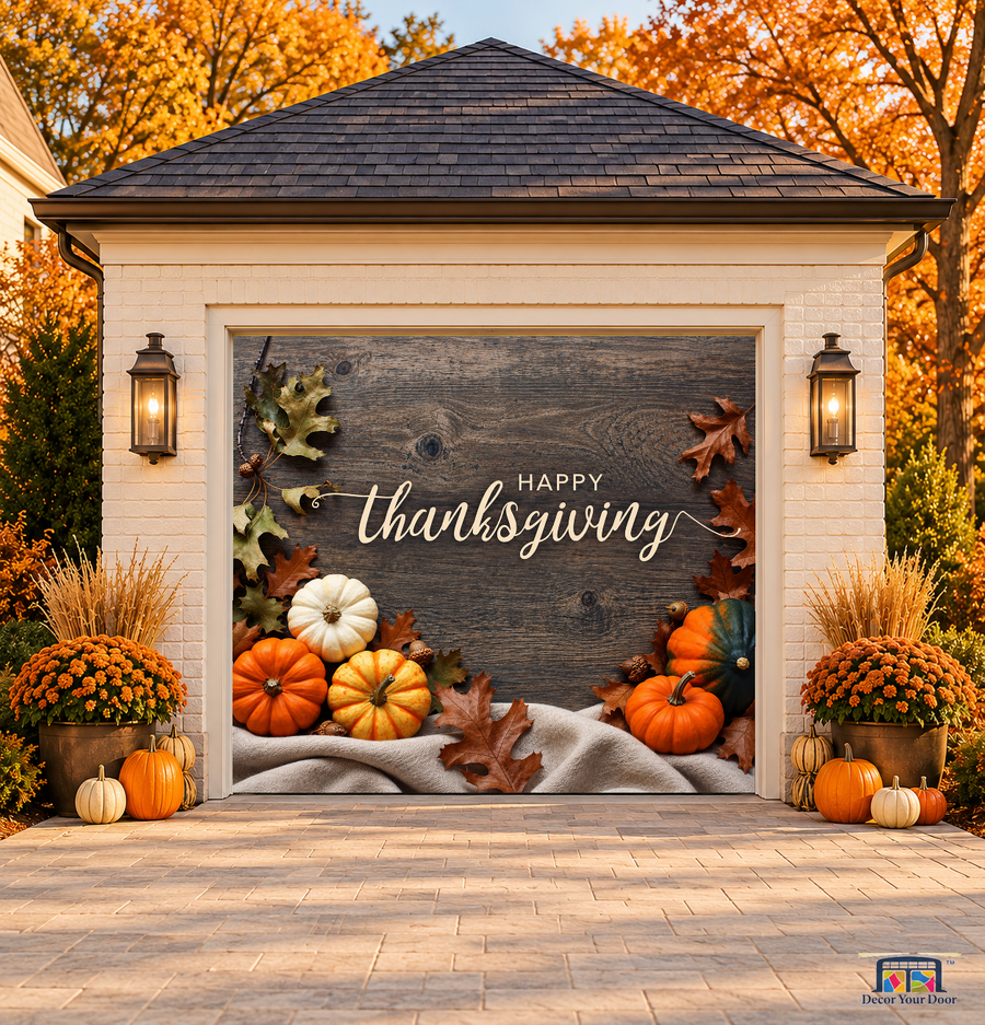 Happy Thanksgiving Pumpkins & Leaves Garage Door Cover — one-car front view on a fall house