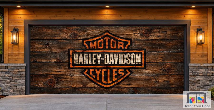 Rustic Ride Harley-Davidson exterior garage door cover — Cedar Craftsman — Two-Car Front