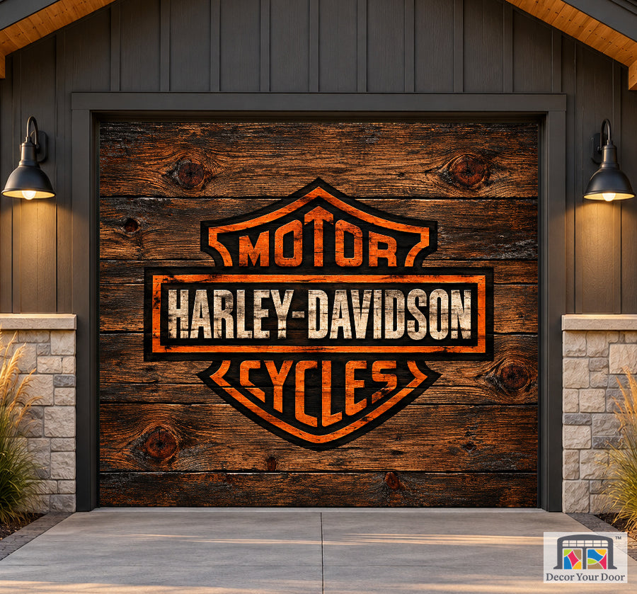 Rustic Ride Harley-Davidson exterior garage door cover — Rider Cottage — One-Car Front