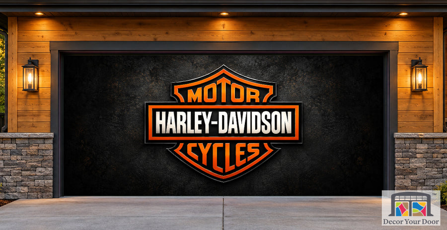 Harley Pride Harley-Davidson exterior garage door cover — Cedar Craftsman — Two-Car Front