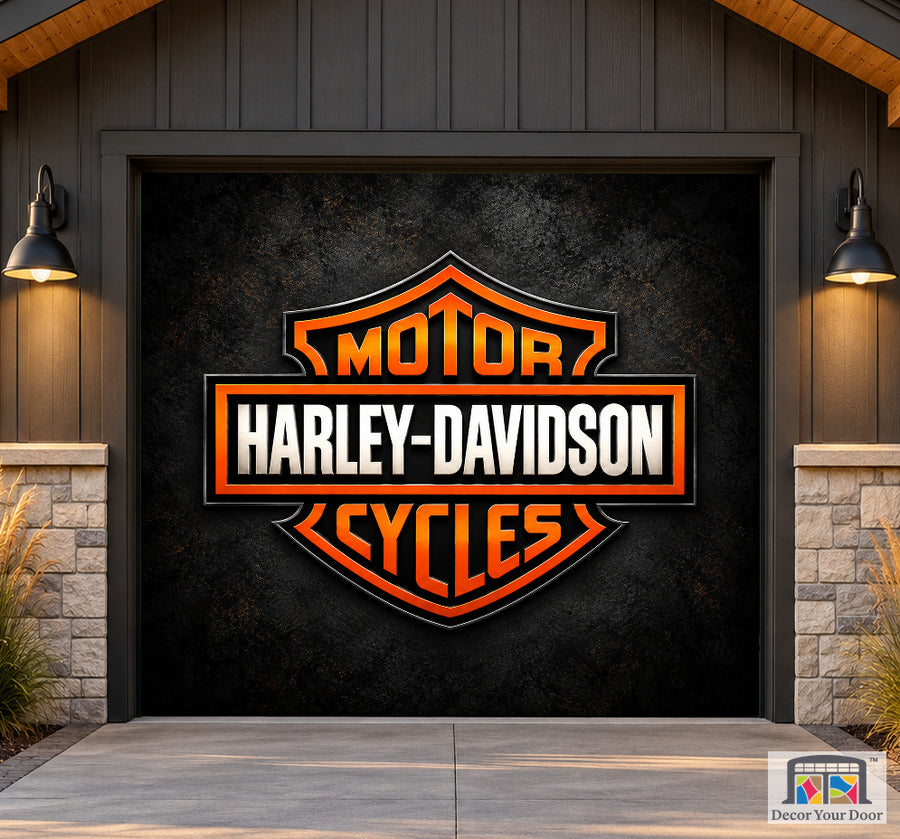 Harley Pride Harley-Davidson exterior garage door cover — Rider Cottage — One-Car Front