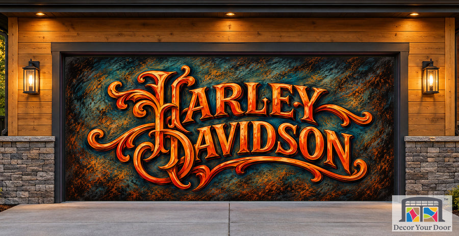 Harley Heritage Script Harley-Davidson exterior garage door cover — Cedar Craftsman — Two-Car Front