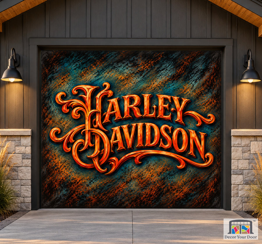 Harley Heritage Script Harley-Davidson exterior garage door cover — Rider Cottage — One-Car Front