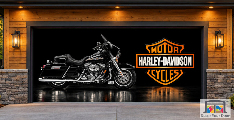 Night Rider Harley-Davidson exterior garage door cover — Cedar Craftsman — Two-Car Front