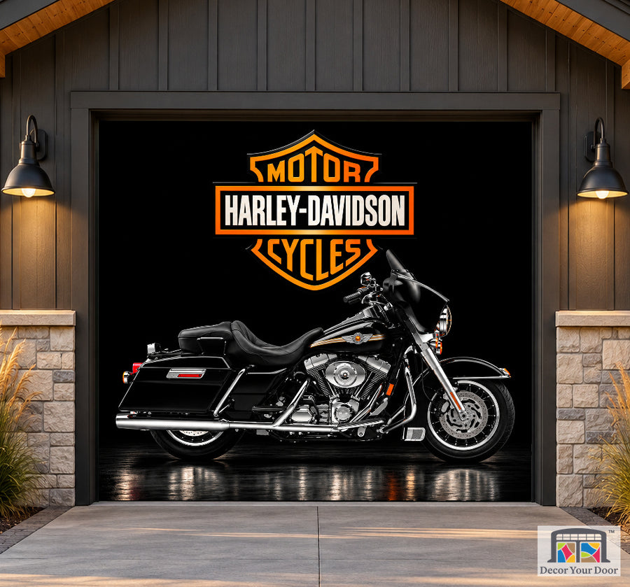 Night Rider Harley-Davidson exterior garage door cover — Rider Cottage — One-Car Front
