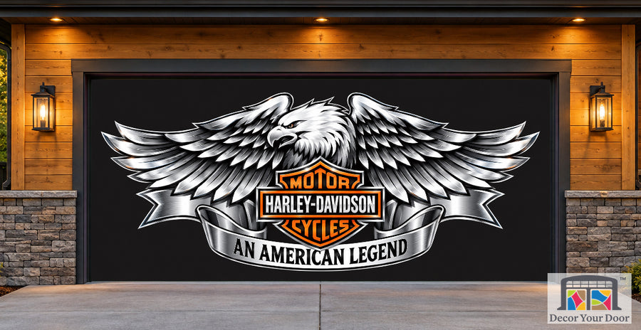Legendary Eagle Harley-Davidson exterior garage door cover — Cedar Craftsman — Two-Car Front