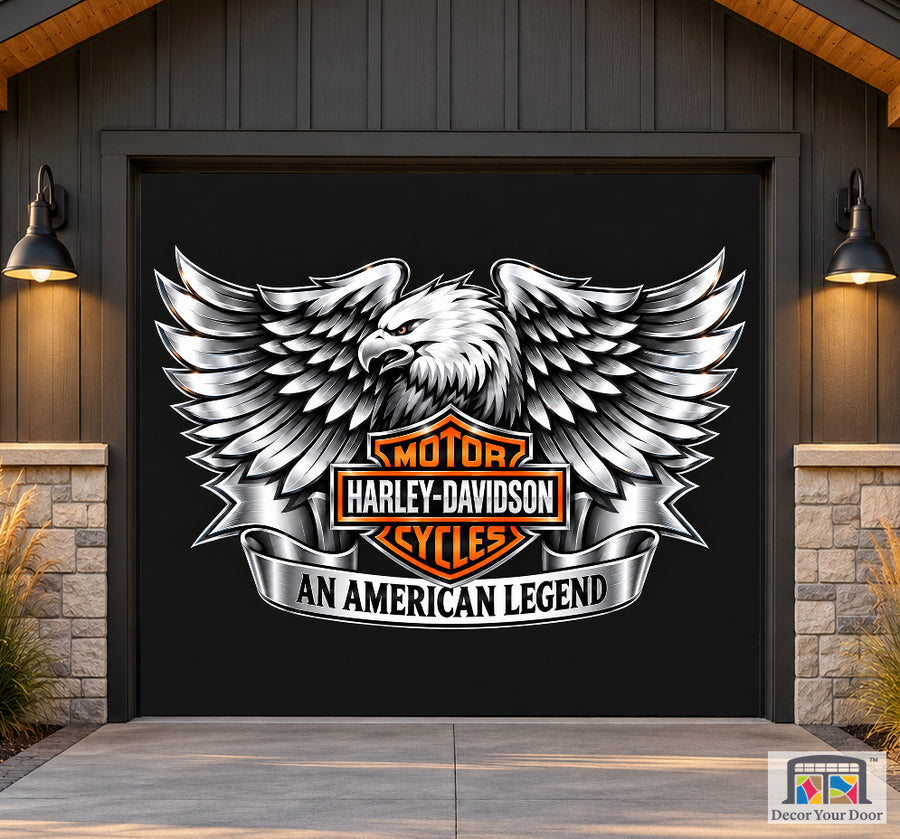 Legendary Eagle Harley-Davidson exterior garage door cover — Rider Cottage — One-Car Front