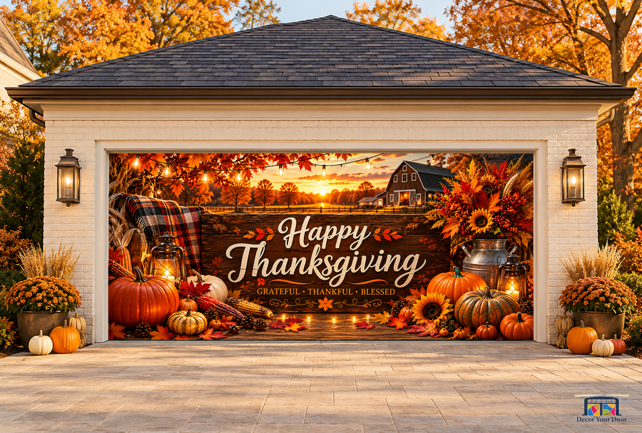 Harvest Glow Thanksgiving Garage Door Cover — two-car front view on a fall house