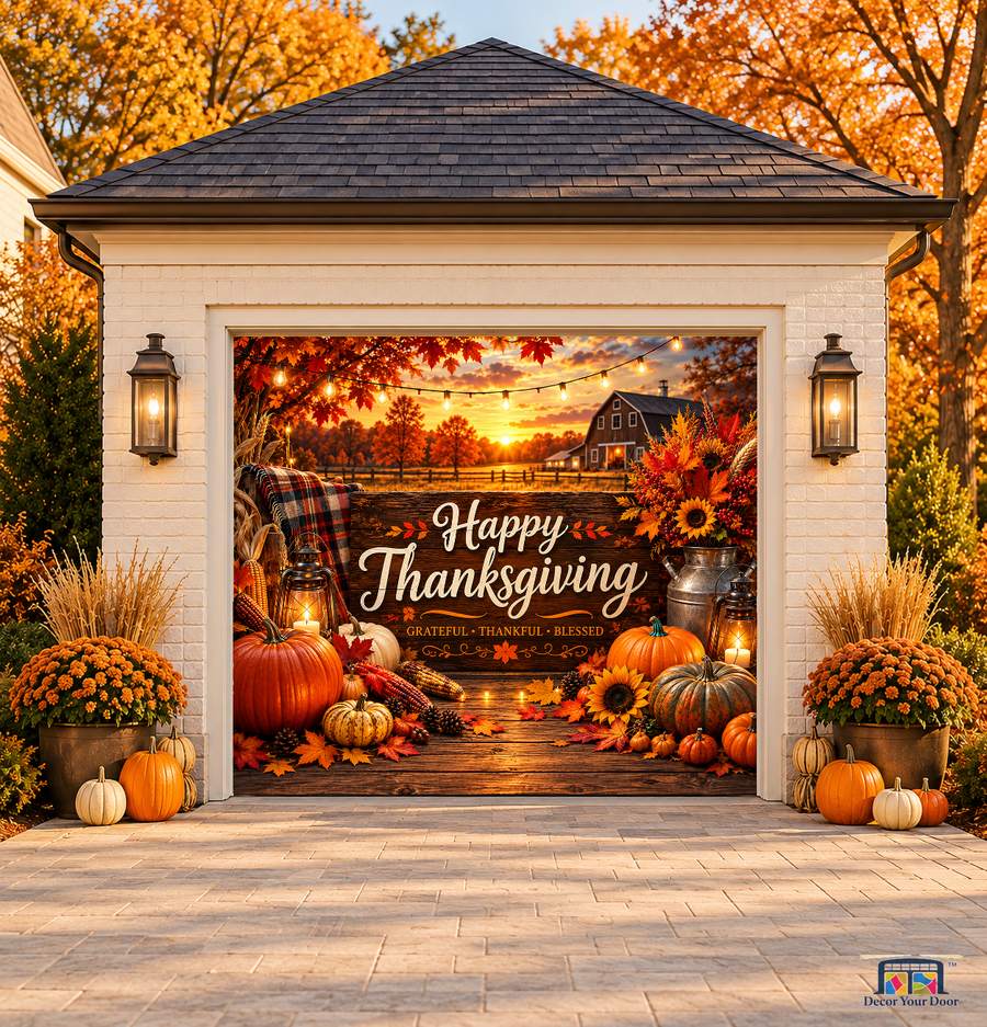 Harvest Glow Thanksgiving Garage Door Cover — one-car front view on a fall house