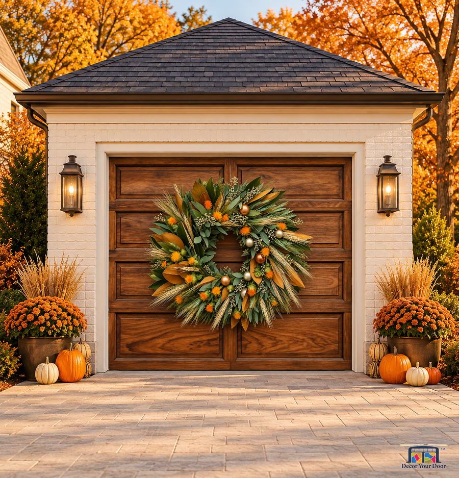 Harvest Hearth Wreath Fall Garage Door Cover — one-car front view on a fall house