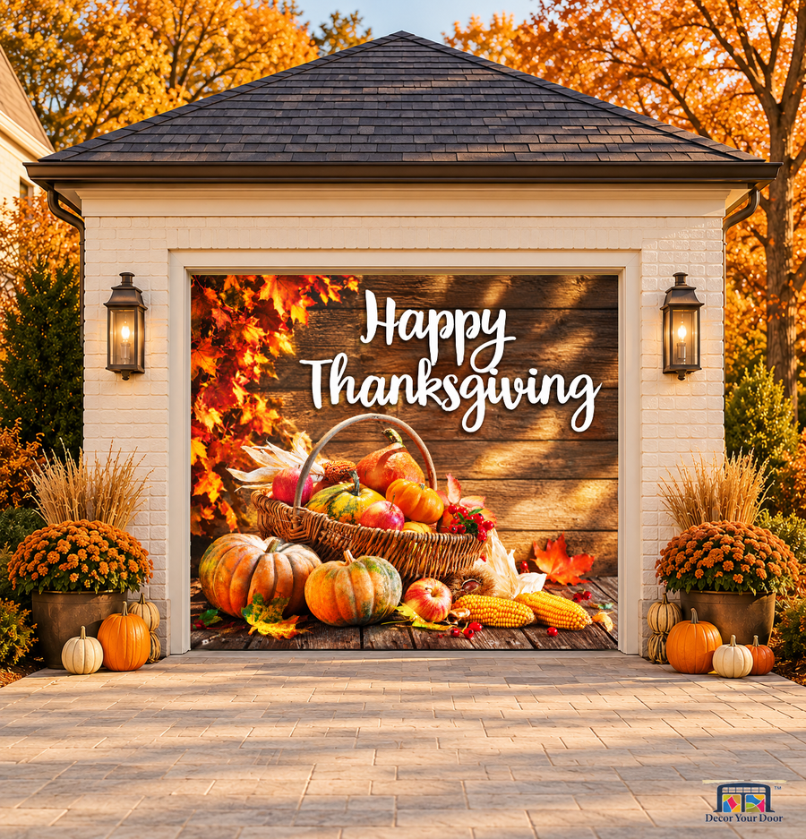 Harvest Warmth Thanksgiving Garage Door Cover — one-car front view on a fall house