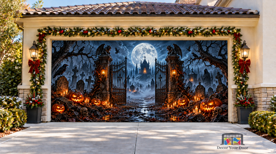 Haunted Graveyard Gateway Halloween Garage Door Cover — two-car front view