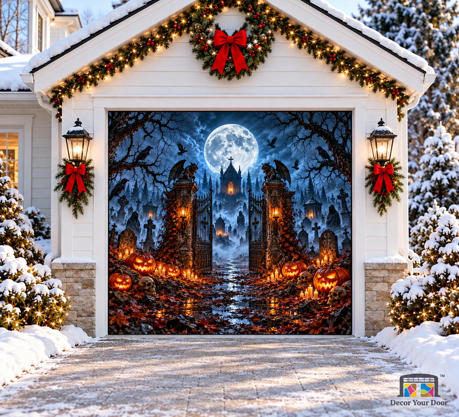 Haunted Graveyard Gateway Halloween Garage Door Cover — one-car front view
