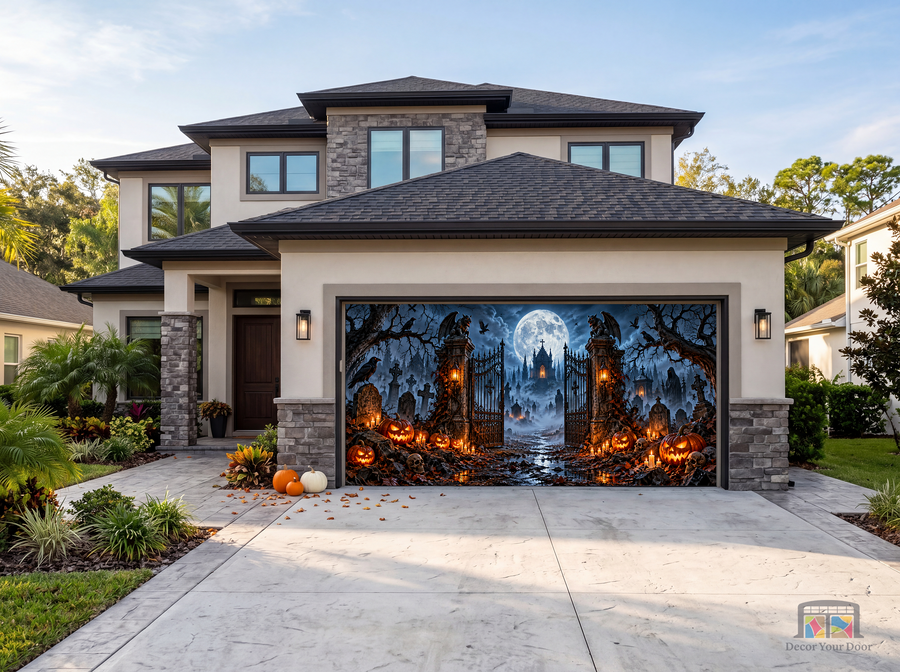 Haunted Graveyard Gateway Halloween Garage Door Cover