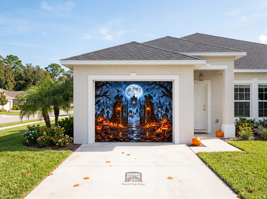 Alternate view of Haunted Graveyard Gateway Halloween Garage Door Cover