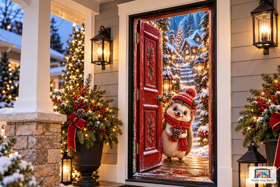 Hedgehog Christmas Pinecone Gift Front Door Cover on the approved Christmas porch, angled view with complete illustrated door.