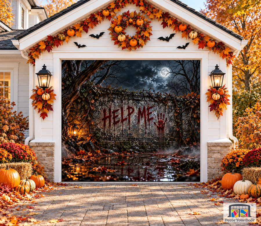 Help Me Wall Halloween garage door cover – One Car front view