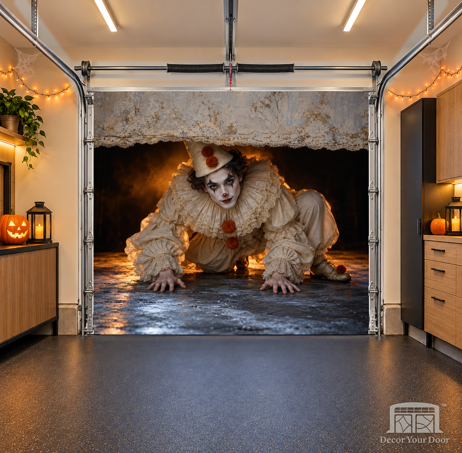 Creeping Nightmare Clown interior garage door cover — one-car, OneCar-front view with Decor Your Door branding
