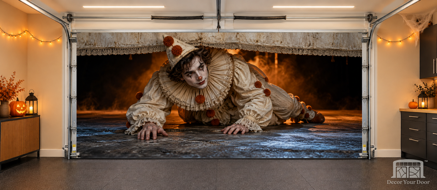 Creeping Nightmare Clown interior garage door cover on a two-car door, front view in a Halloween garage with Decor Your Door watermark