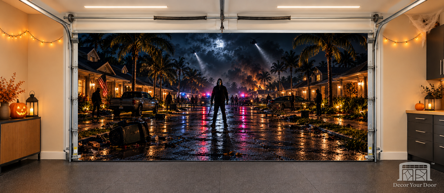 Midnight Neighborhood Lockdown interior garage door cover — two-car, TwoCar-front view with Decor Your Door branding