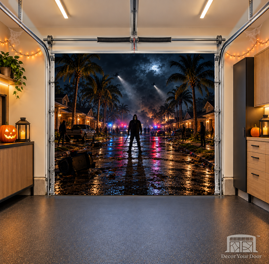 Midnight Neighborhood Lockdown interior garage door cover — one-car, OneCar-front view with Decor Your Door branding