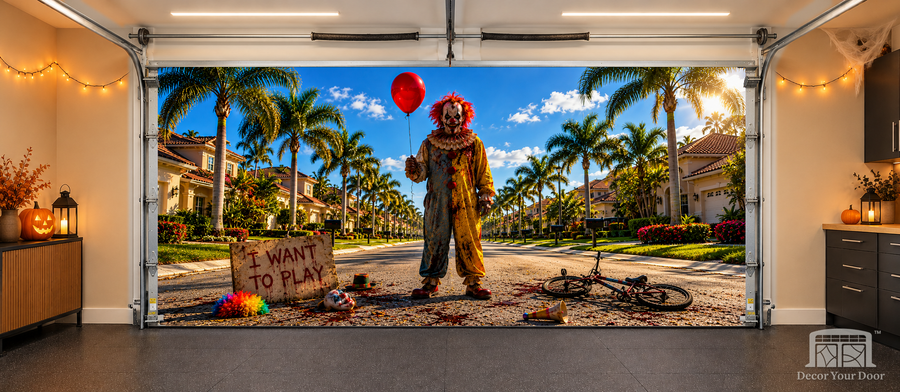 Balloon Street Terror interior garage door cover — two-car, TwoCar-front view with Decor Your Door branding
