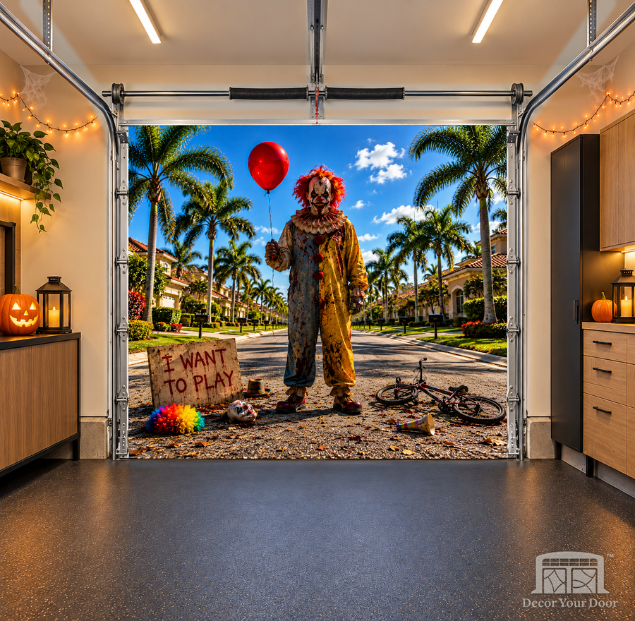 Balloon Street Terror interior garage door cover — one-car, OneCar-front view with Decor Your Door branding