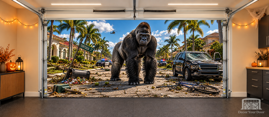 Gorilla Escape On Palm Street interior garage door cover — two-car, TwoCar-front view with Decor Your Door branding
