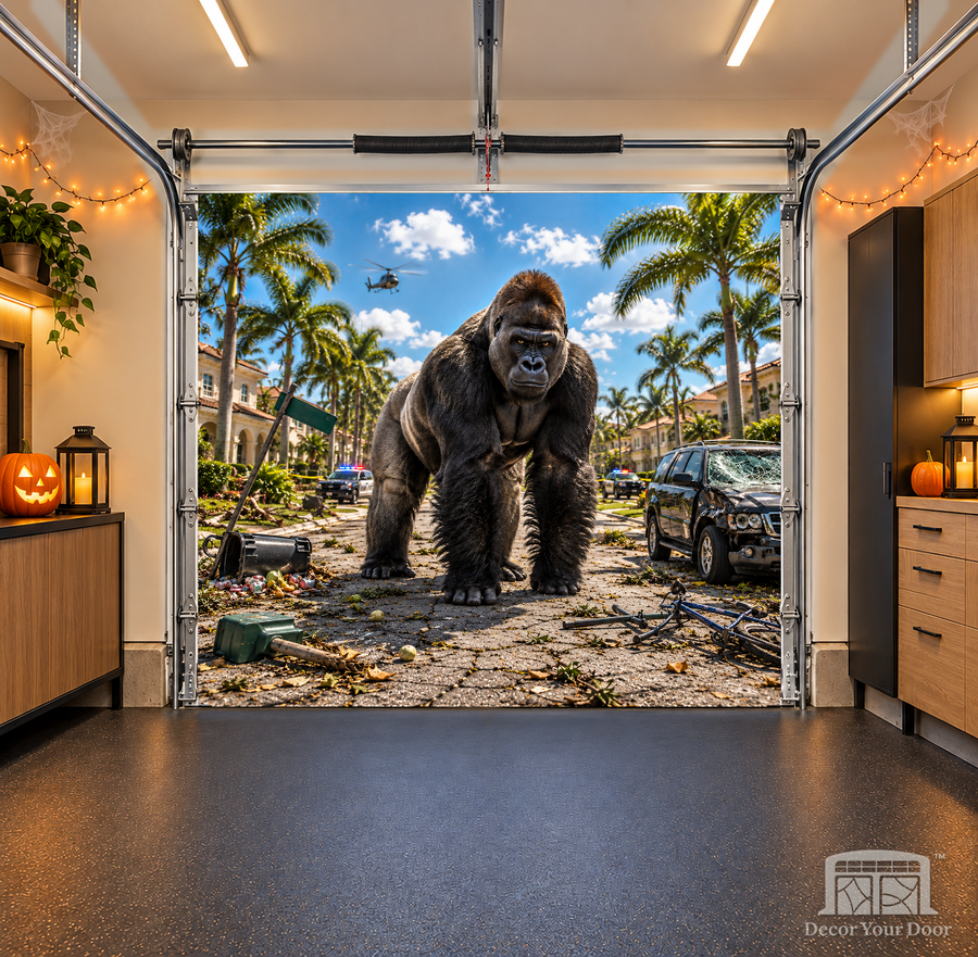 Gorilla Escape On Palm Street interior garage door cover — one-car, OneCar-front view with Decor Your Door branding