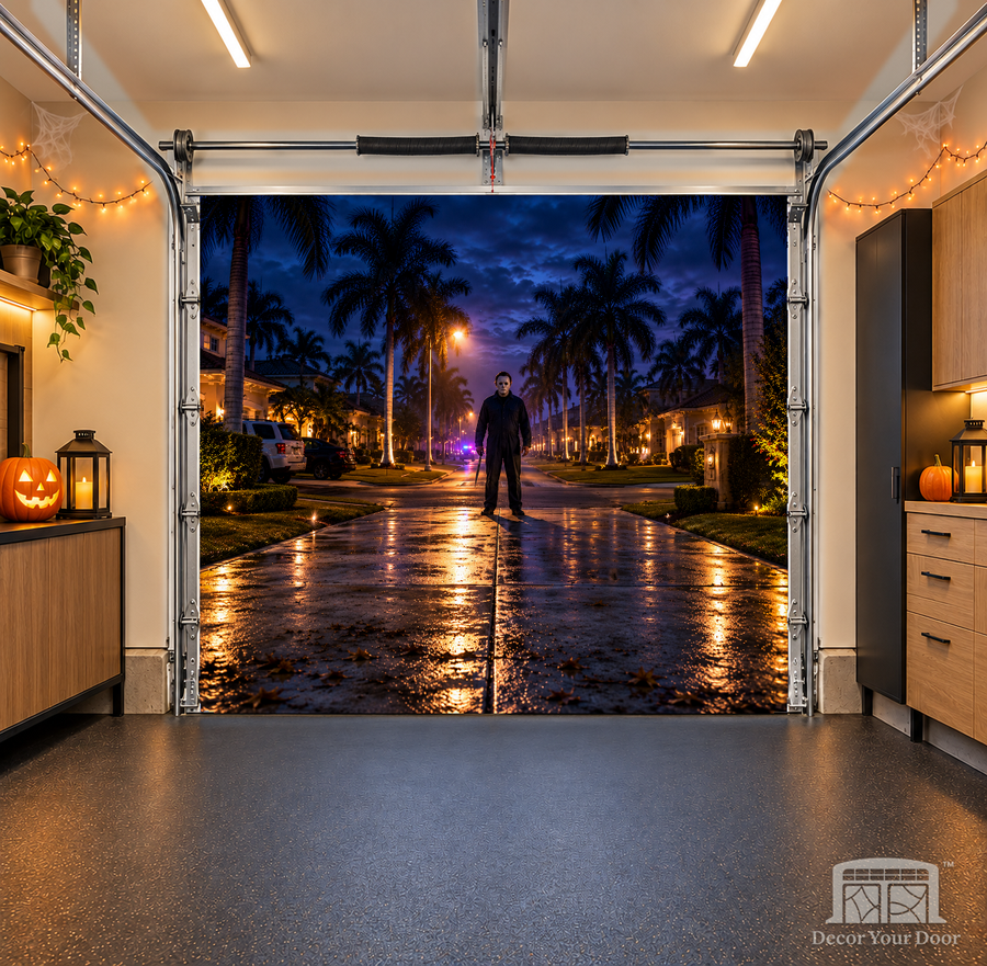 Michael Myers At The Driveway interior garage door cover — one-car, OneCar-front view with Decor Your Door branding