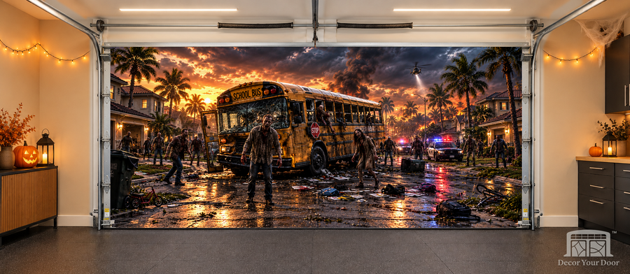 Zombie School Bus Outbreak interior garage door cover — two-car, TwoCar-front view with Decor Your Door branding