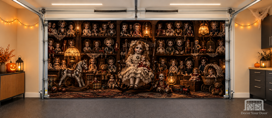 The Doll Collector’s Nightmare interior garage door cover — two-car, TwoCar-front view with Decor Your Door branding