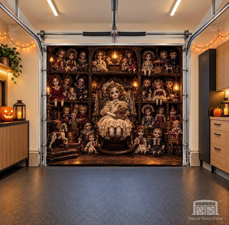 The Doll Collector’s Nightmare interior garage door cover — one-car, OneCar-front view with Decor Your Door branding