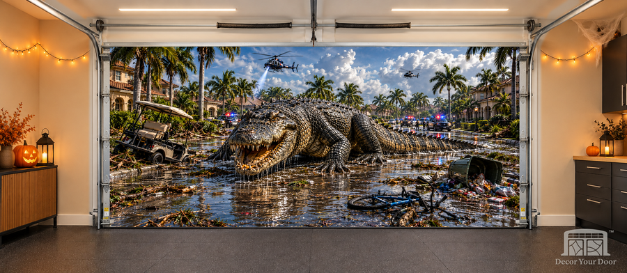 Gator Blockade on Palm Street interior garage door cover — two-car, TwoCar-front view with Decor Your Door branding