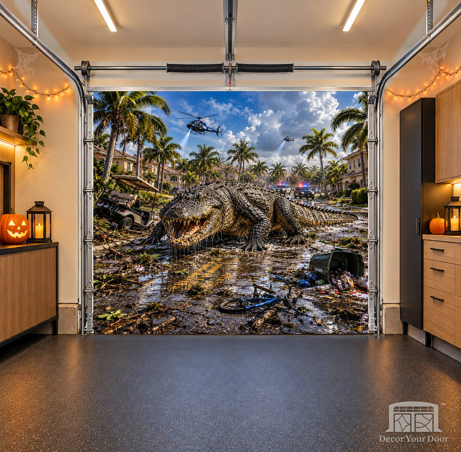 Gator Blockade on Palm Street interior garage door cover — one-car, OneCar-front view with Decor Your Door branding