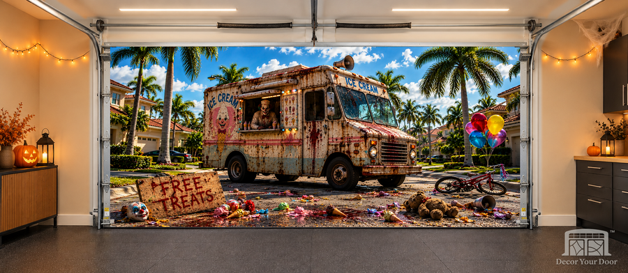 Sweet Tooth Nightmare interior garage door cover — two-car, TwoCar-front view with Decor Your Door branding