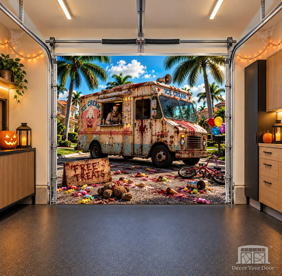 Sweet Tooth Nightmare interior garage door cover — one-car, OneCar-front view with Decor Your Door branding
