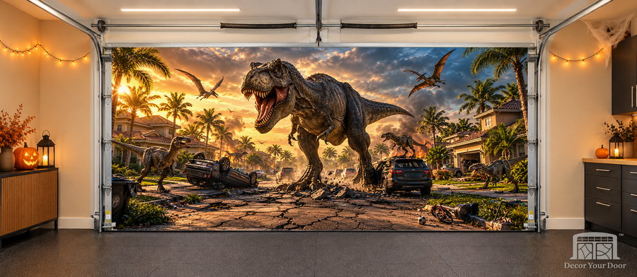 Prehistoric Neighborhood Panic interior garage door cover — two-car, TwoCar-front view with Decor Your Door branding