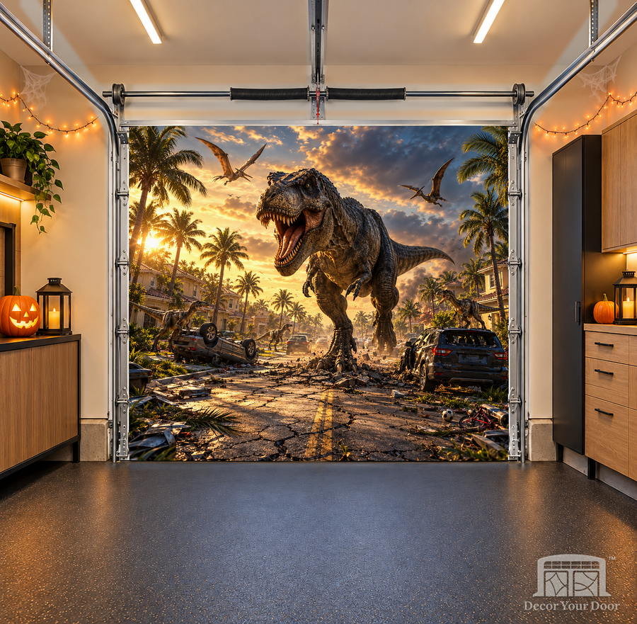 Prehistoric Neighborhood Panic interior garage door cover — one-car, OneCar-front view with Decor Your Door branding
