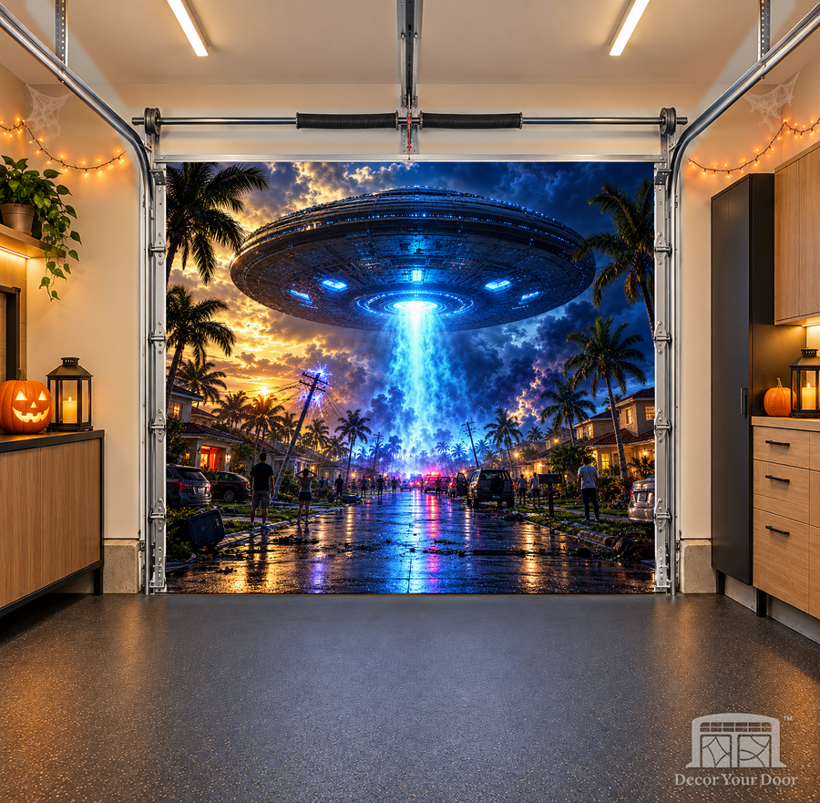 Alien Arrival in Suburbia interior garage door cover — one-car, OneCar-front view with Decor Your Door branding