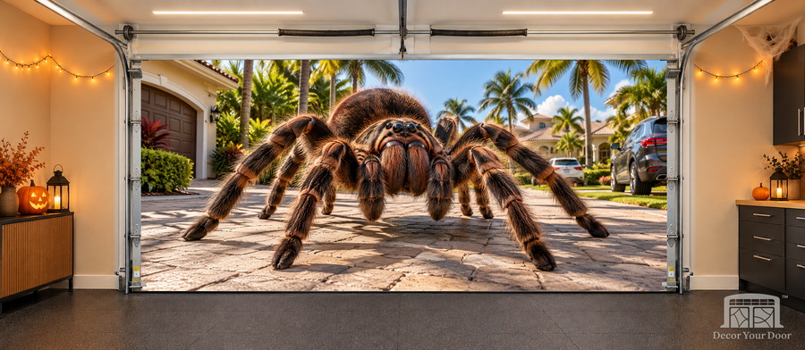 Driveway Intruder – Giant Spider interior garage door cover — two-car, TwoCar-front view with Decor Your Door branding
