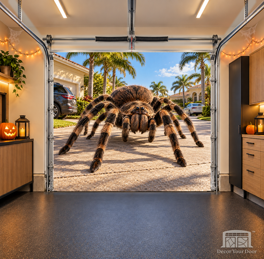 Driveway Intruder – Giant Spider interior garage door cover — one-car, OneCar-front view with Decor Your Door branding