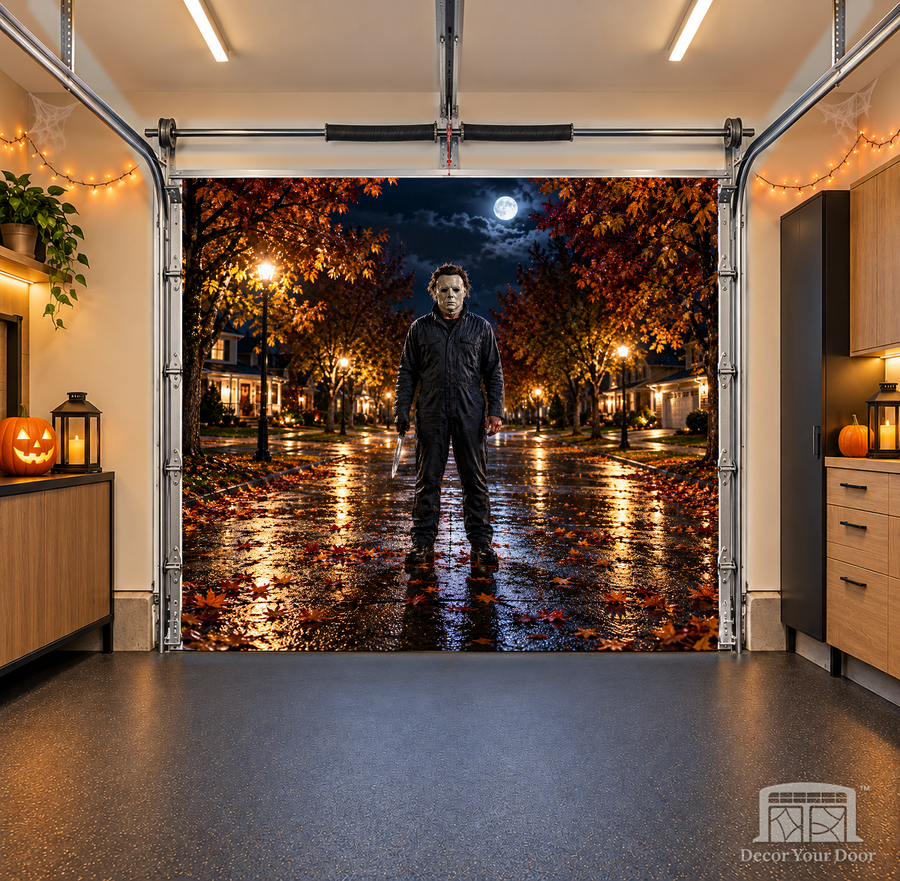 Midnight Watcher interior garage door cover — one-car, OneCar-front view with Decor Your Door branding