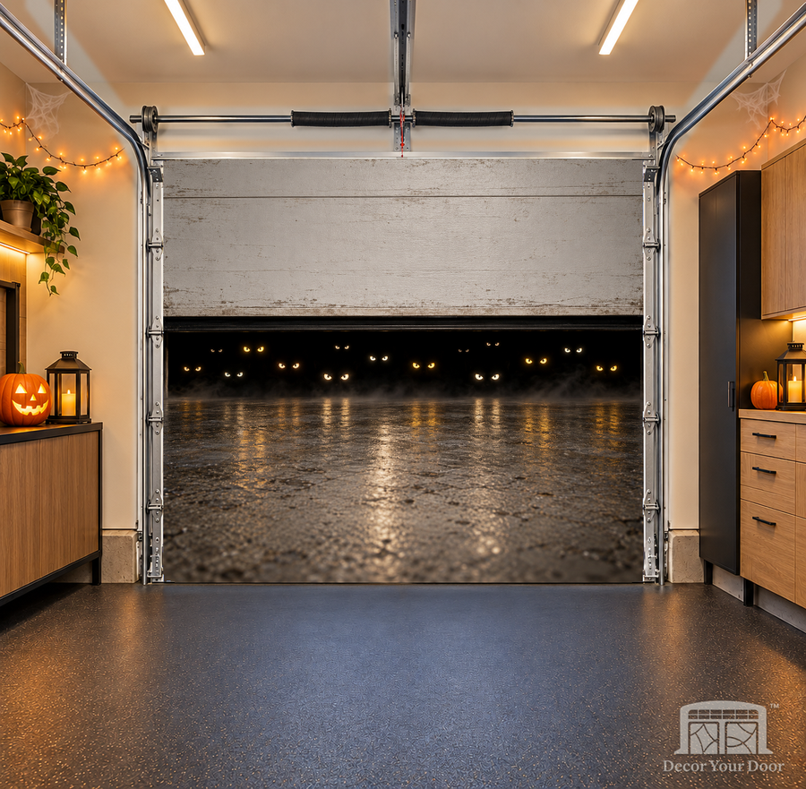 Eyes in the Darkness interior garage door cover — one-car, OneCar-front view with Decor Your Door branding