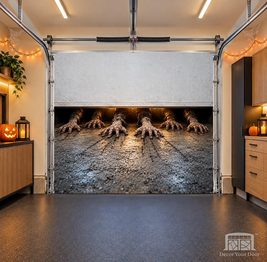 Scratching From Below interior garage door cover — one-car, OneCar-front view with Decor Your Door branding