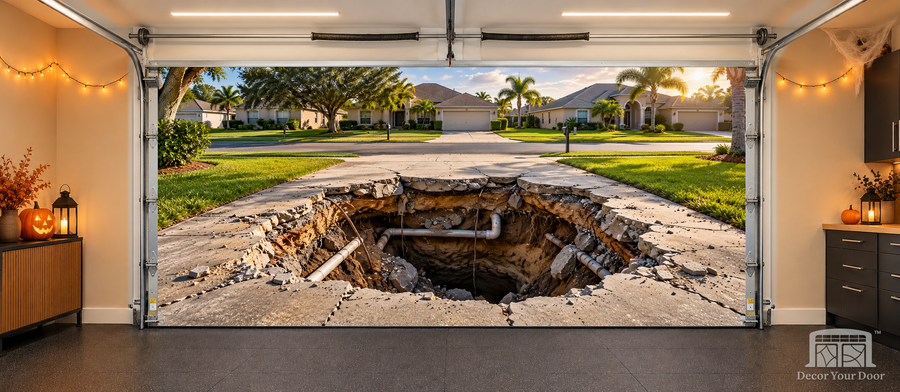 Driveway Collapse interior garage door cover — two-car, TwoCar-front with Decor Your Door branding