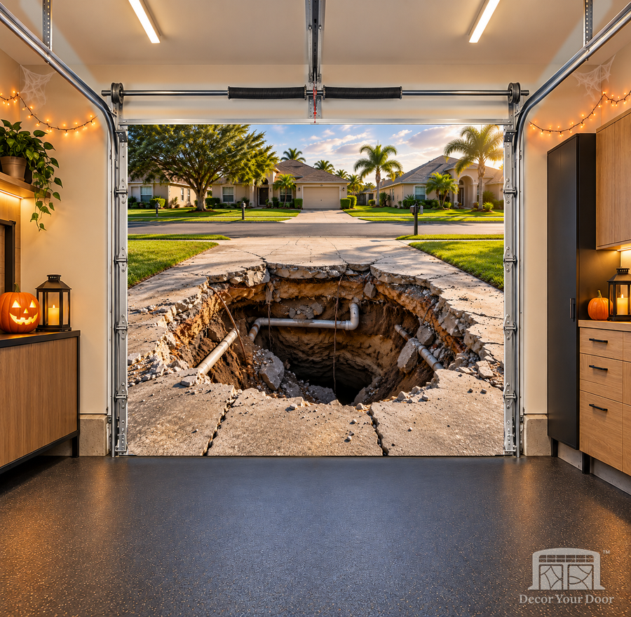 Driveway Collapse interior garage door cover — one-car, OneCar-front with Decor Your Door branding