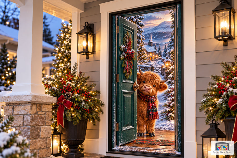 Highland Calf Christmas Cottage Front Door Cover on the approved Christmas porch, angled view with complete illustrated door.